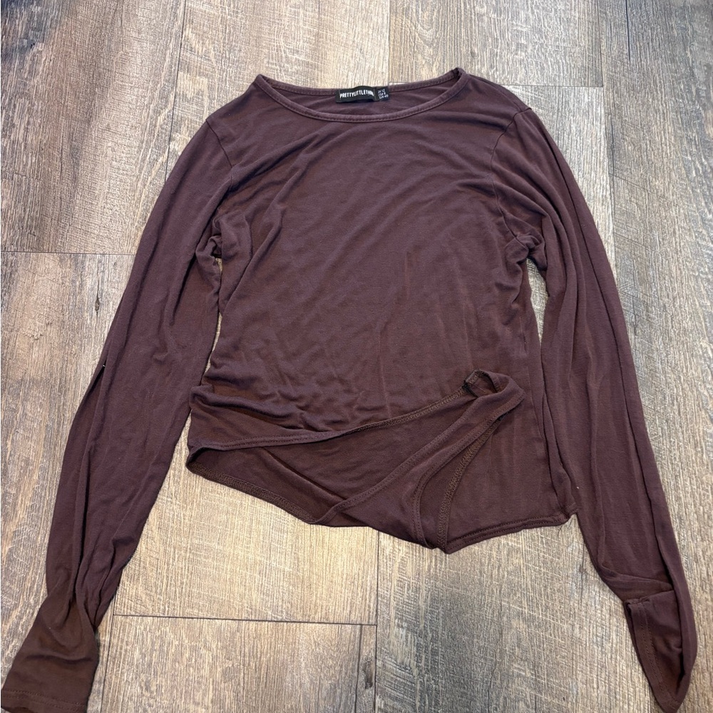 PrettyLittleThing Brown Asymmetrical Long Sleeve Blouse Bodysuit